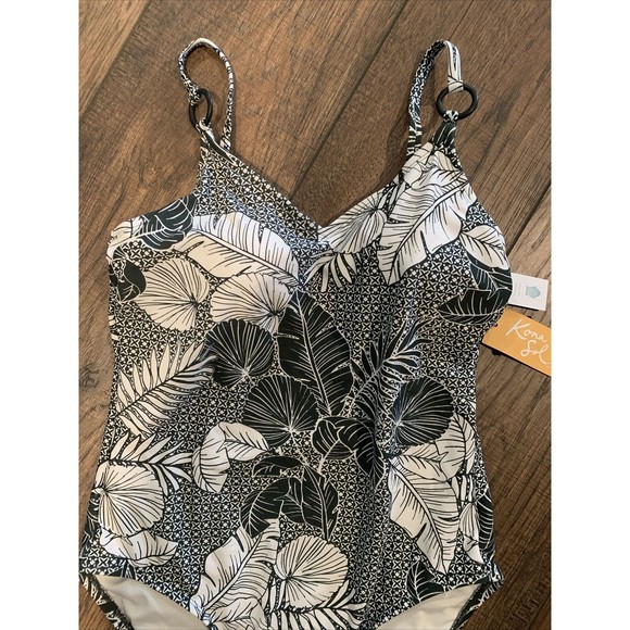 Kona Sol Ring Detail Medium Coverage One Piece Swimsuit Tropical Gray med 1020 - Picture 4 of 8